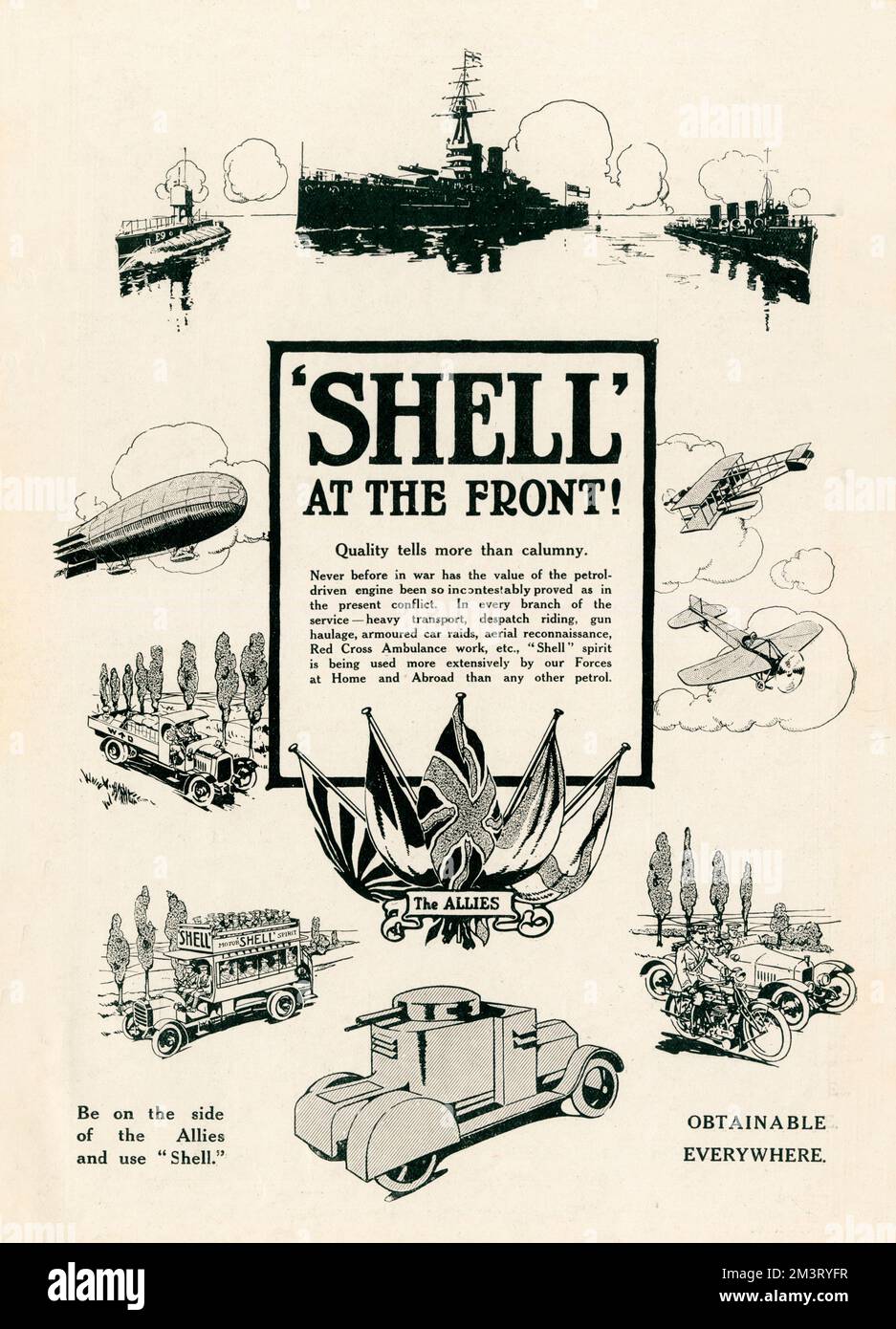 Pubblicità in tempo di guerra per Shell benzina, dimostrando che è usato più ampiamente dalle forze alleate sia in patria che all'estero. Data: 1914 Foto Stock