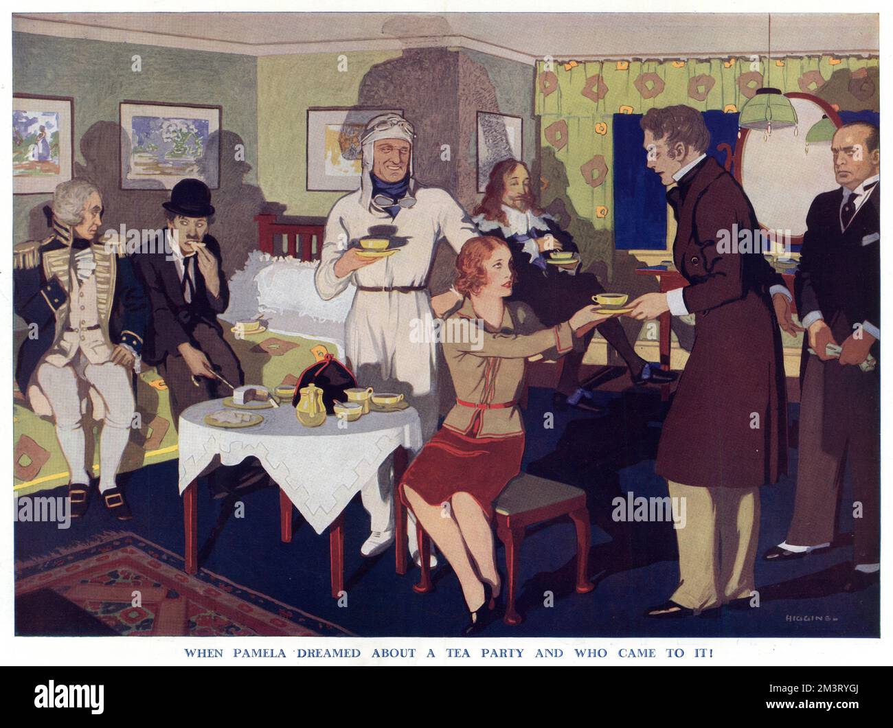 Quando Pamela sognava di una festa del tè e chi è venuto ad esso! Di Reginald Higgins. Un assortimento di ospiti per la festa immaginaria del tè di Pamela - Lord Nelson, Charlie Chaplin, Malcolm Campbell, Charles i, Mussolini, E (possibilmente) il pisolino che prende una tazza del tè e un piattino, il duca di Wellington. Data: 1931 Foto Stock