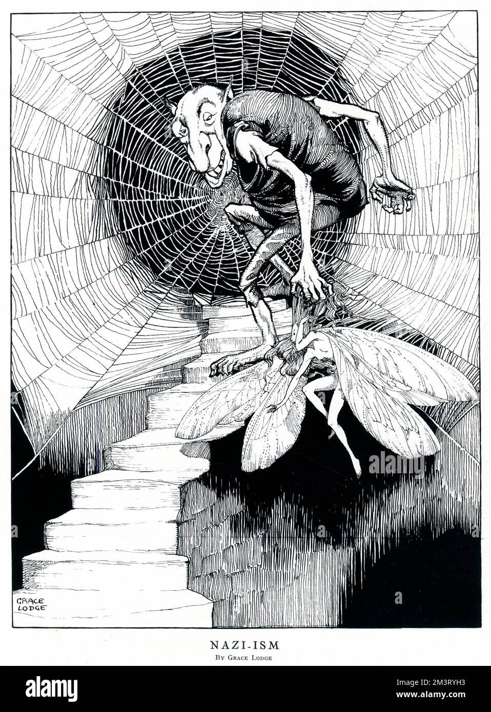 Insolito cartone animato dal Tatler 1940 raffigurante il regime nazista come un troll che trascina una fata innocente verso il ragnatela di un ragno. Data: 1940 Foto Stock