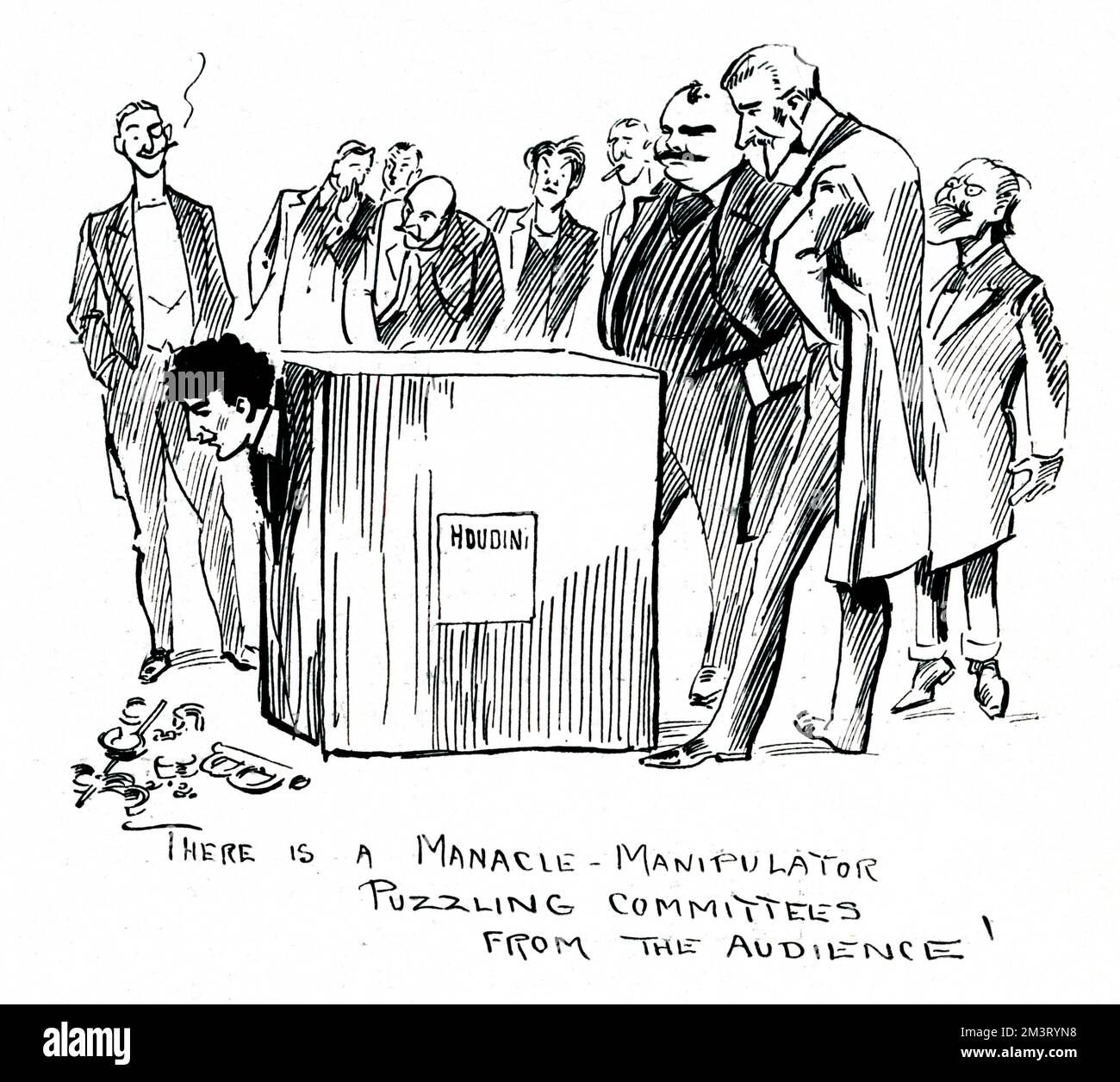 Impressione di Houdini che eseguì il suo famoso atto di escapologia all'Ippodromo di Londra nel 1904 dove fu manaccato con manette presumibilmente fatte da un fabbro per diversi anni. Mentre tenta di liberarsi all'interno di una tenda-come scatola, parecchi membri del pubblico lo circondano sul palco per testimoniare la sua impresa. Data: 1904 Foto Stock