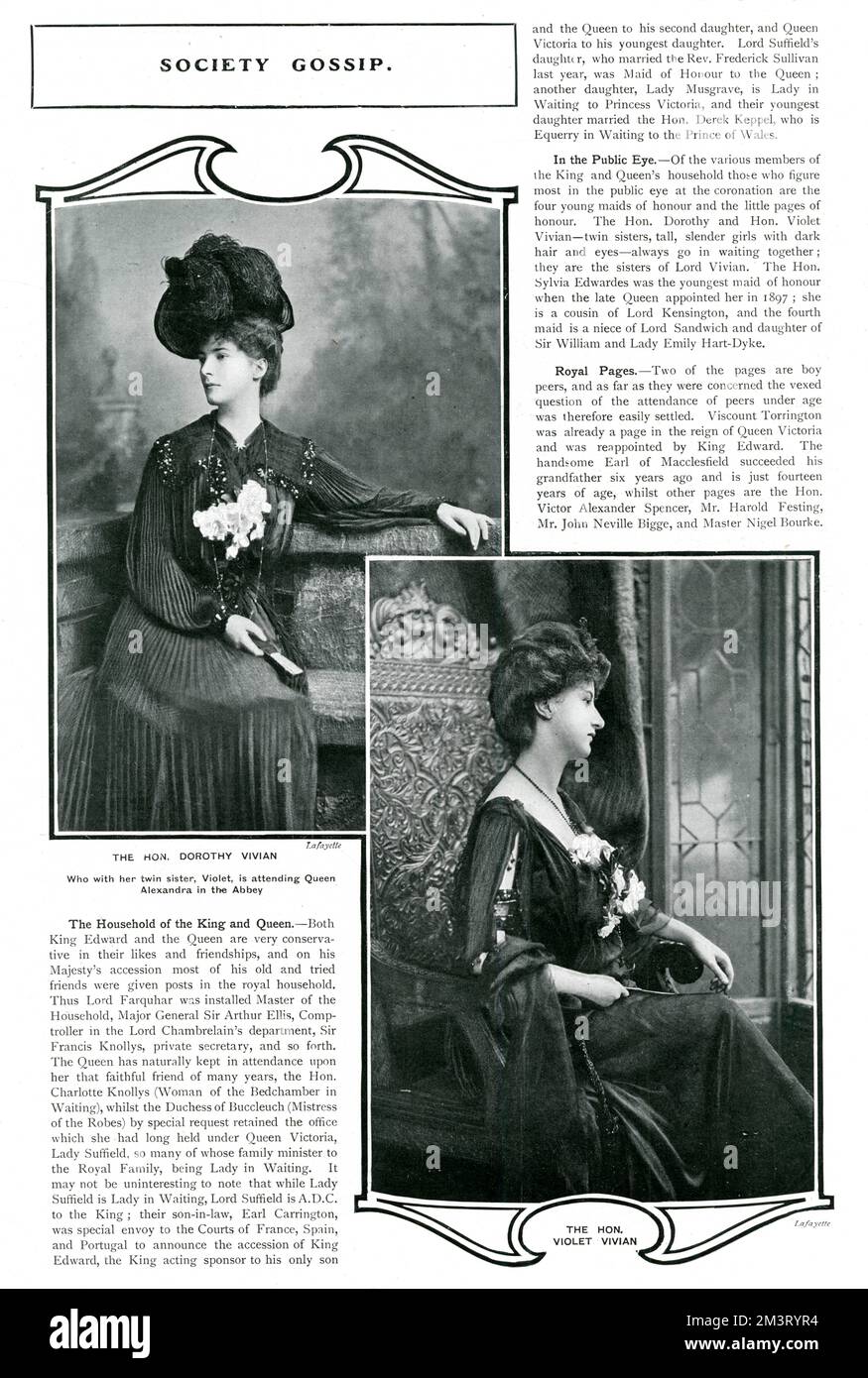 Pagina dal Tatler nel 1902 con fotografie dell'on. Dorothy Vivian e della sorella gemella, l'on. Violet Vivian, figlie del 3rd Barone Vivian e della moglie, Louisa Alice Duff. Cameriera d'onore della regina Alexandra, Dorothy incontrò Douglas Haig quando fu ospite del re Edoardo VII al Castello di Windsor e la coppia si sposò nella cappella privata di Buckingham Palace nel 1905. 1902 Foto Stock