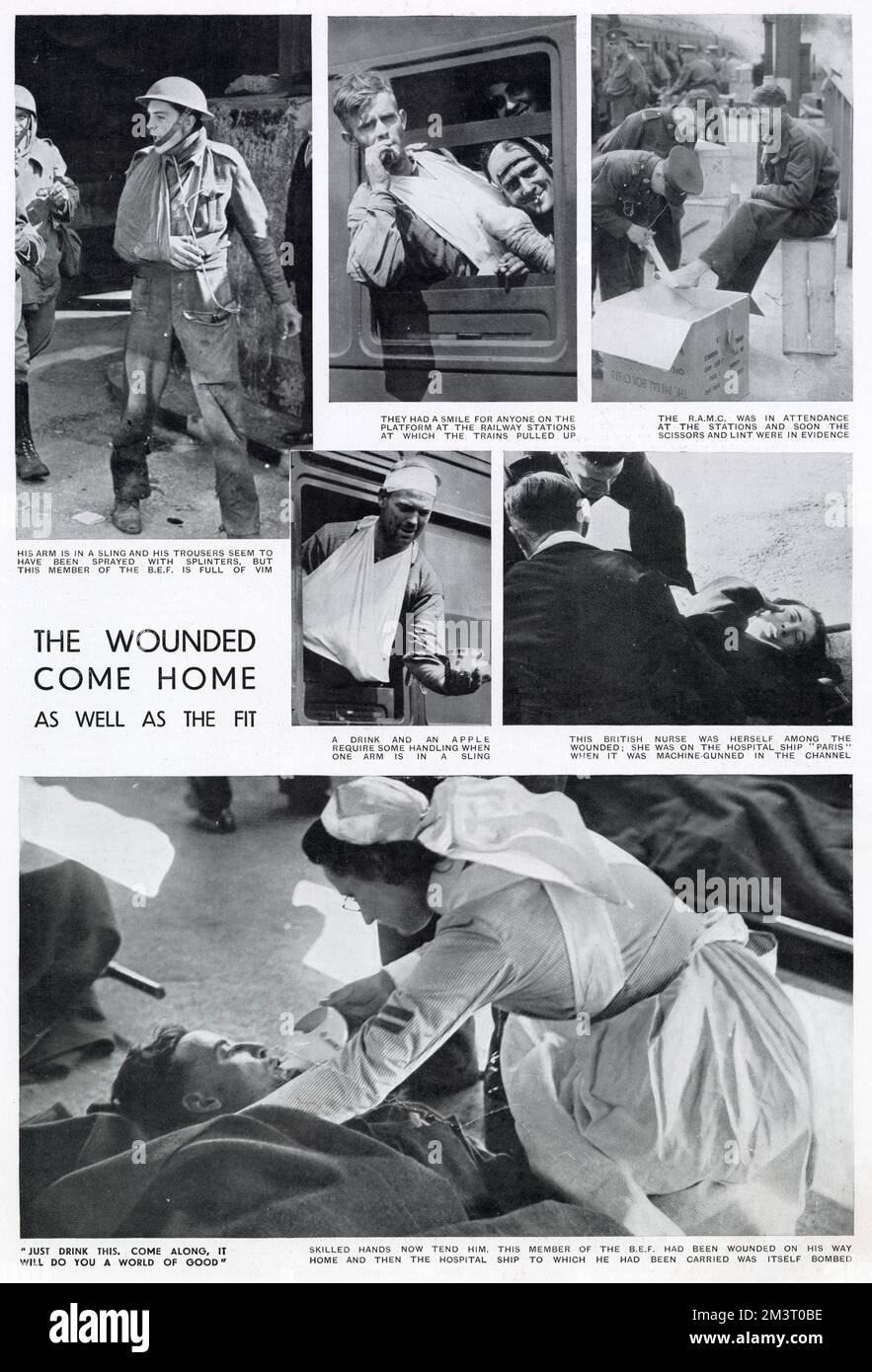 Ritorno della British Expeditionary Force da Dunkerque, in treno e sulle piattaforme ferroviarie, alcuni dei quali feriti e ricevendo cure mediche. Data: 1940 Foto Stock