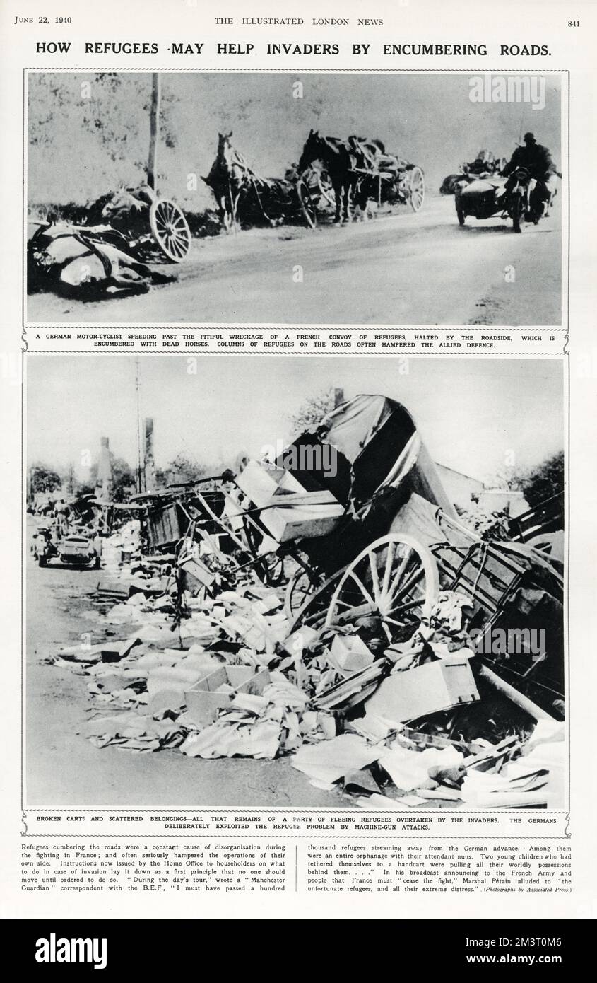 Pagina del Notiziario illustrato di Londra che mostra le pile di beni appartenenti ai rifugiati sulle strade della Francia durante la seconda guerra mondiale. Foto Stock