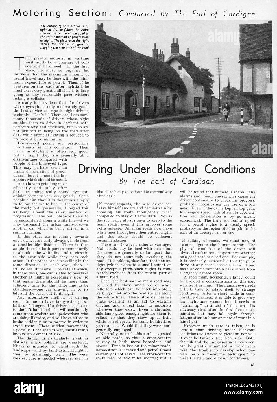 Guida in condizioni di blackout, articolo del Conte di Cardigan in Britannia &amp; Eve, novembre 1939. Data: 1939 Foto Stock