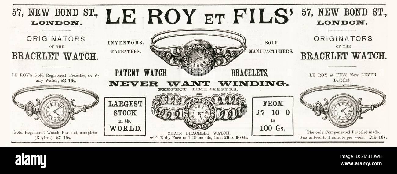Pubblicità per le Roy et Fils, di New Bond Street, Londra, originatori dell'orologio a bracciale con vari esempi che illustrano il loro stock. Foto Stock
