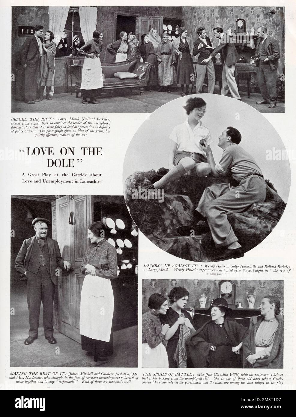 Pagina dalle notizie drammatiche e sportive illustrate del gioco di Walter Greenwood, Love on the Dole. Foto Stock