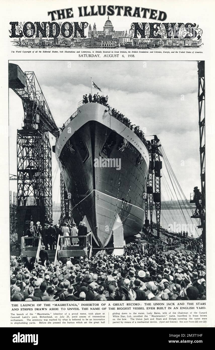 Il lancio della RMS Mauretania ha svelato il nome di Lady Bates, moglie del Presidente della Stella Bianca Cunard che si svolge nel cantiere di Cammell Laird, Birkenhead. È stata una delle prime navi costruite per la nuova società Cunard-White Star in seguito alla fusione nell'aprile 1934 della Cunard e della White Star Line. Data: 28th luglio 1938 Foto Stock