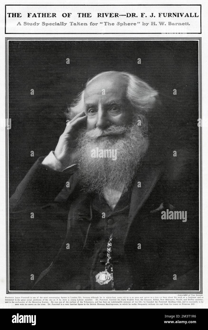 Frederick James Furnivall FBA (1825 - 1910), filologo inglese, meglio conosciuto come uno dei co-creatori del nuovo dizionario inglese. Fondò un certo numero di società apprese sulla letteratura inglese iniziale e fece contributi editoriali pionieristici e massicci al soggetto, di cui il più notevole fu la sua edizione di testo parallela dei Canterbury Tales. È stato uno dei fondatori e degli insegnanti del London Working Men's College e uno dei militanti per tutta la vita contro l'ingiustizia. Data: 1909 Foto Stock