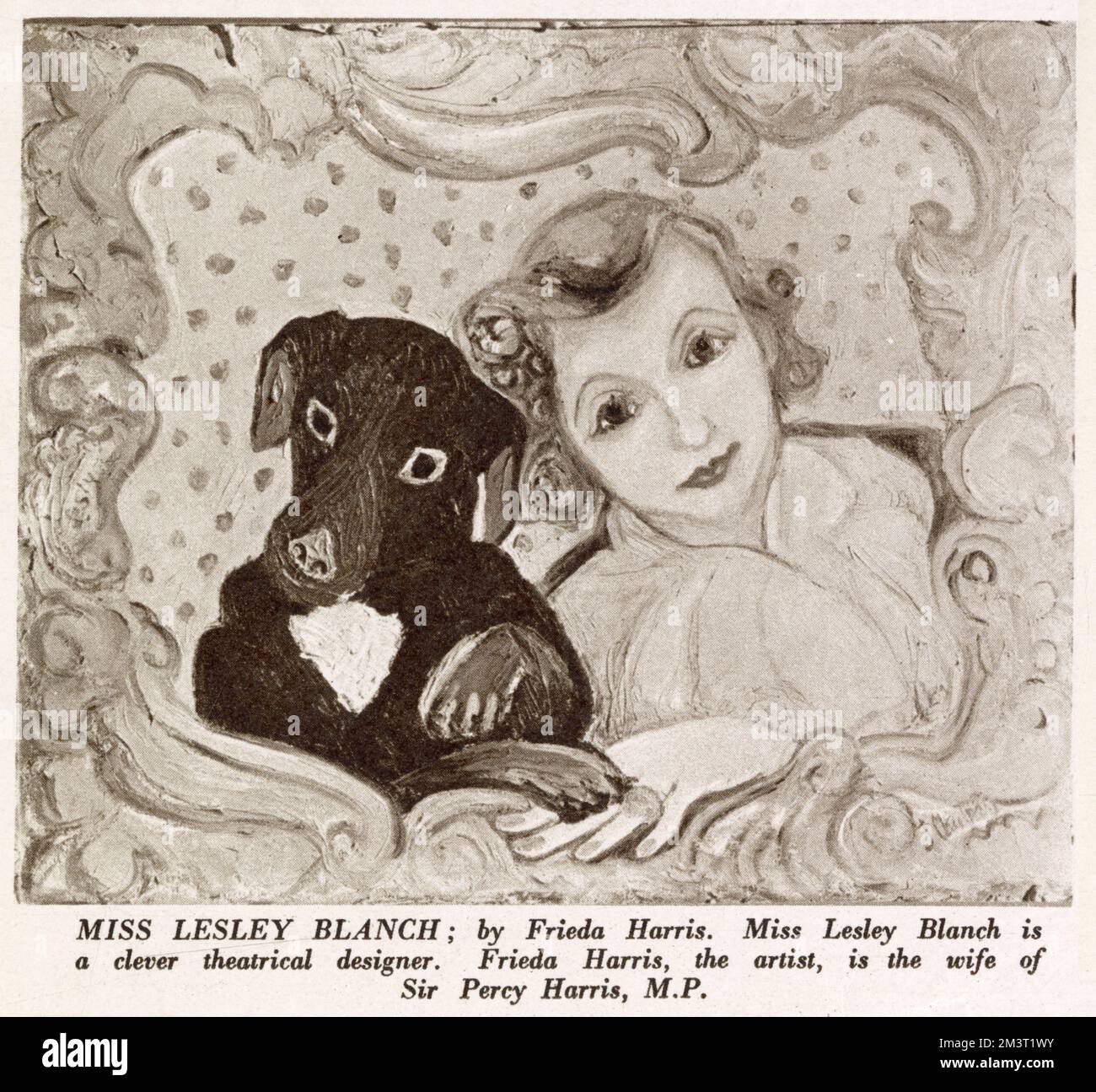 La signorina Leslie Blanch (1904 - 2007), designer teatrale, raffigurata con il suo cane da compagnia in un dipinto di Frieda Harris (1877 - 1962), moglie di Sir Percy Harris MP. Il dipinto è apparso in una mostra alla Wertheim Gallery intitolata: "MRS and Miss 1933". Foto Stock