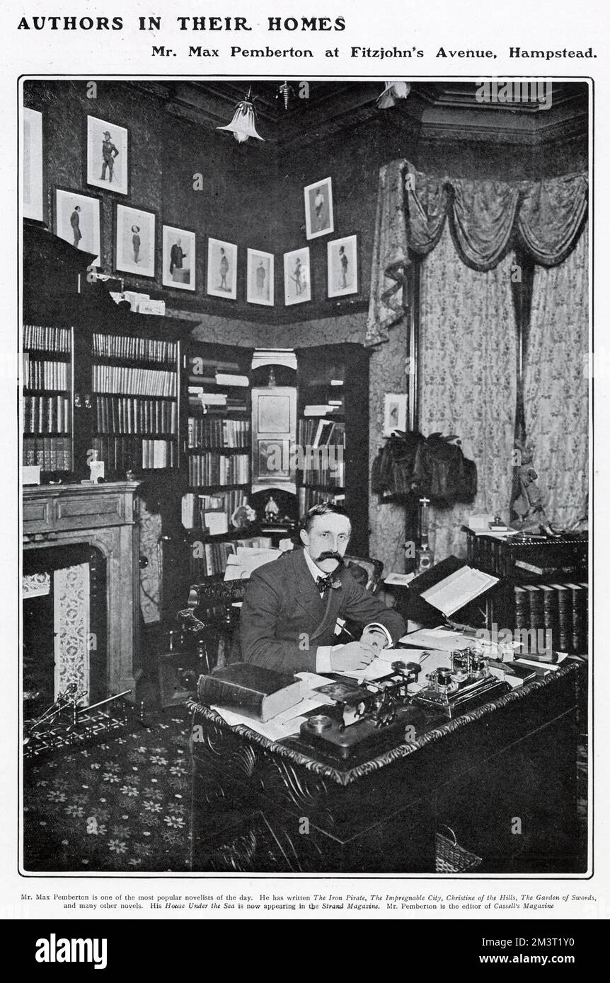 Sir Max Pemberton (1863 - 1950), noto romanziere britannico, principalmente di avventure e storie di mistero. Raffigurato ad una scrivania nello studio di lui a Fitzjohn's Avenue, Hampstead, parte di una lunga serie nel Tatler raffigurante scrittori a casa. Foto Stock