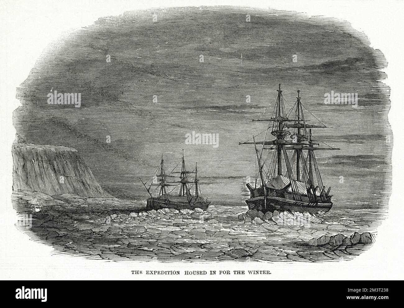 The Ross Arctic Expedition - le navi della spedizione ospitavano per l'inverno. Incisione che mostra l'oscurità a metà inverno, 21 dicembre 1848. Foto Stock
