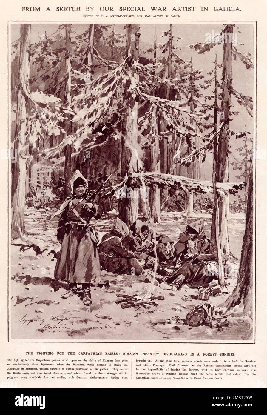 La lotta per i passi carpazi - fanteria russa bivacco in una foresta all'alba. Data: 1915 Foto Stock