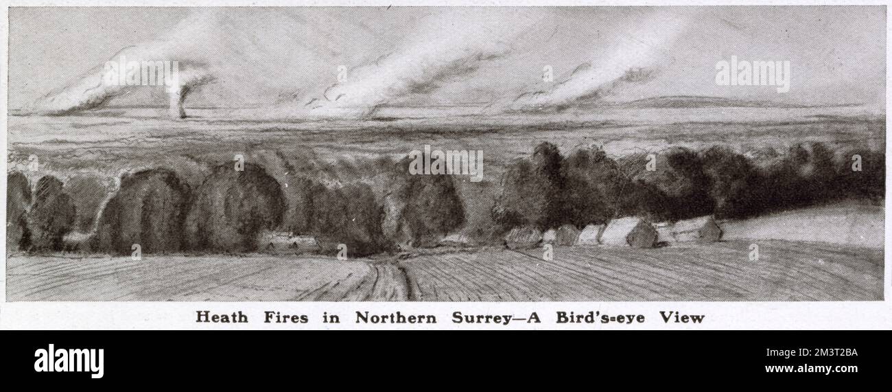 Vista sulle North Downs verso Aldershot, che mostra incendi in brughiera durante un periodo prolungato di siccità nell'estate del 1921. Foto Stock