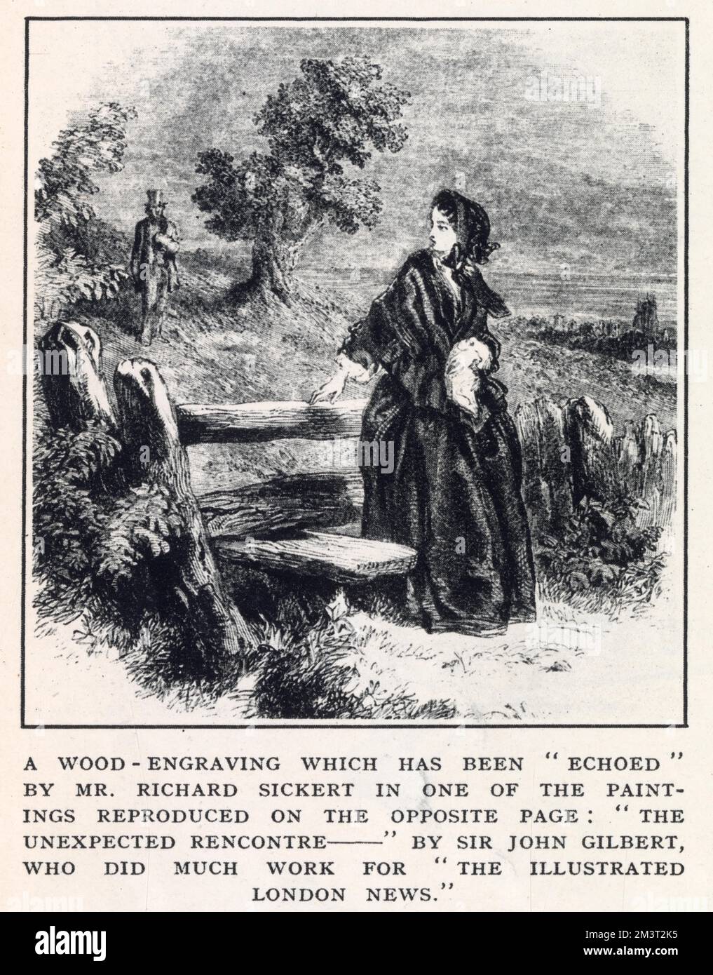 Incisione di Sir John Gilbert, apparsa nel 1932 nell'Illustrated London News per mostrare come il pittore Richard Sickert usò le incisioni di Gilbert come base per una serie di dipinti che chiamò "echi inglesi". Gilbert fu uno dei primi collaboratori dell'ILN e fu un punto di forza della pubblicazione durante i suoi primi decenni. Foto Stock