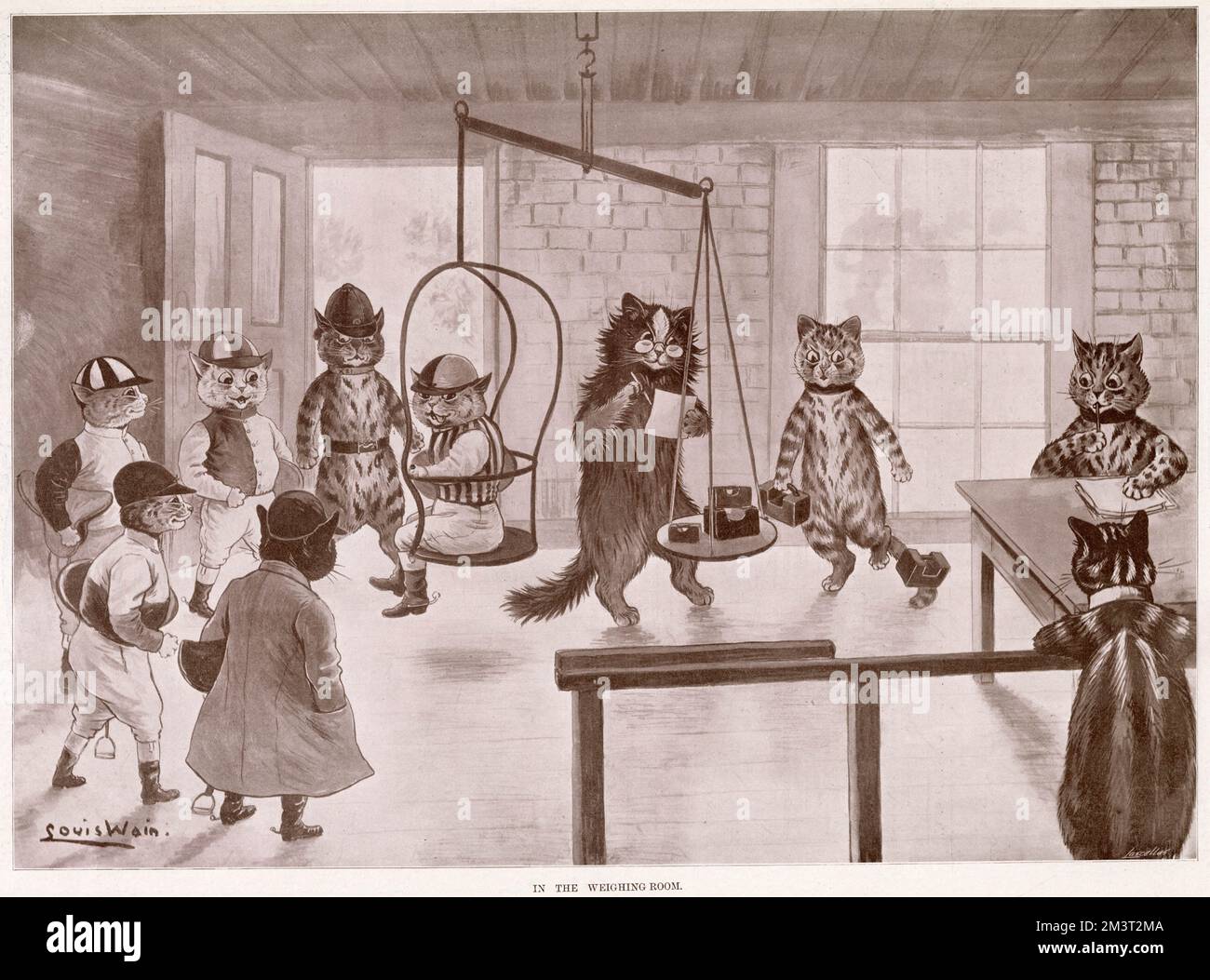 Illustrazione di Louis Wain, che mostra i gatti come esseri umani che sono pesati prima di una corsa di cavalli. Data: 1901 Foto Stock Illustrazione di Louis Wain, che mostra i gatti come esseri umani che sono pesati prima di una corsa di cavalli. Data: 1901 Foto Stock
