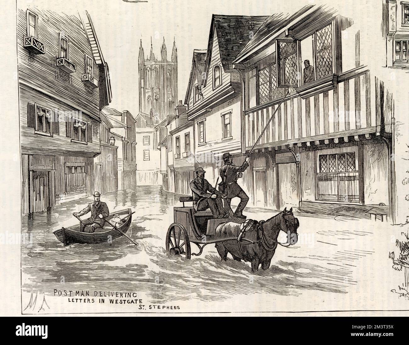 Alluvione a Canterbury nel 1882. Un postino consegna lettere a un residente in una casa nel Westgate medievale per mezzo di un cavallo e carrozza e lungo palo, mentre qualcun altro passa in una barca a remi! Foto Stock