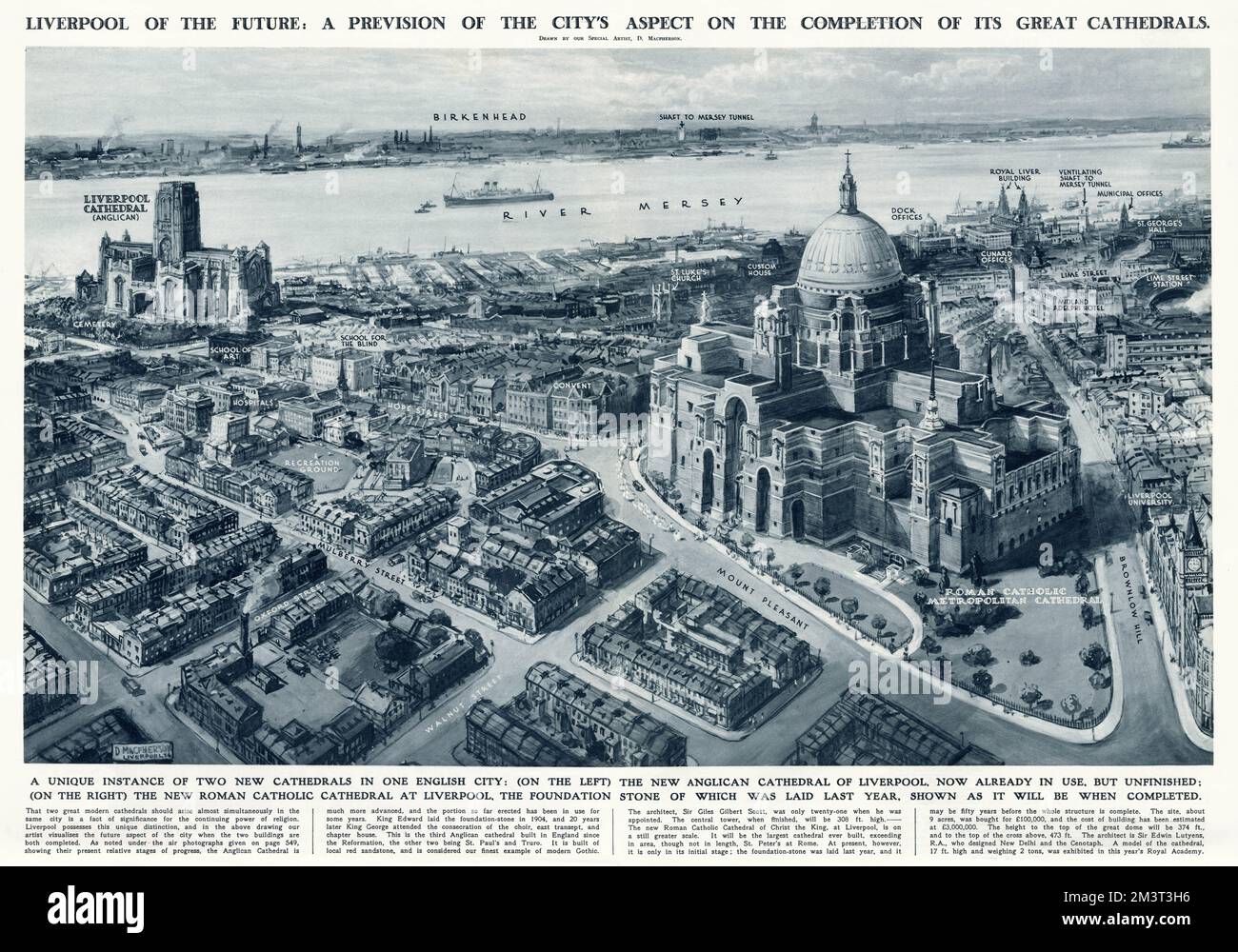 Liverpool of the Future - una previsione dell'aspetto della città sul completamento delle sue grandi cattedrali - la Cattedrale Anglicana (a sinistra) e la Cattedrale Metropolitana Cattolica Romana (a destra). Foto Stock