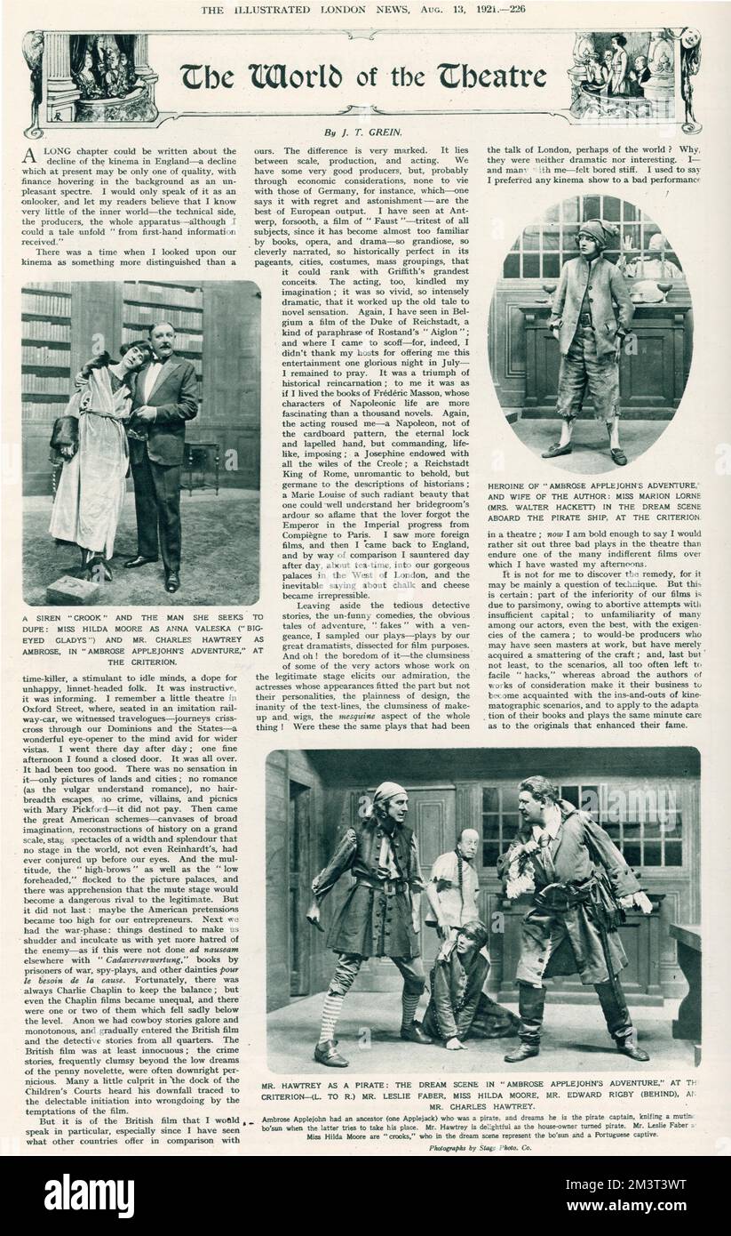 The World of Theatre - (a sinistra) Miss Hilda Moore come 'Anna Valeska' ('Big-Eyed Gladys') e il signor Charles Hawtrey come 'Ambrose' in 'Ambrose Applejohn's Adventure' al Criterion Theatre di Londra. (A destra) onorevole Walter Hackett, l'eroina e la moglie dell'autore nel ruolo di Miss Marion Lorne (nella "sequenza di ream” a bordo della "nave pirata”). (Immagine in basso) - gli onn. Leslie Faber, Hilda Moore, Edward Rigby (dietro) e Charles Hawtrey (durante la "sequenza di ream"). Foto Stock