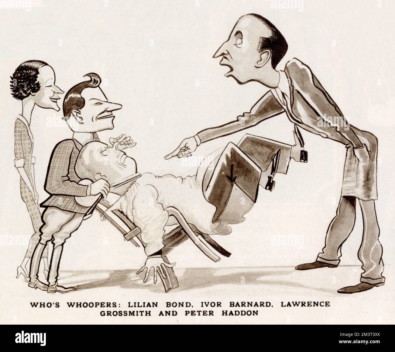 Lilian Bond, Ivor Barnard, Lawrence Grossmith e Peter Haddon caricaturati da Tom Tit nel Tatler in una scena da 'Who's Who' di P. G. Wodehouse al Duke of York's Theatre. Foto Stock