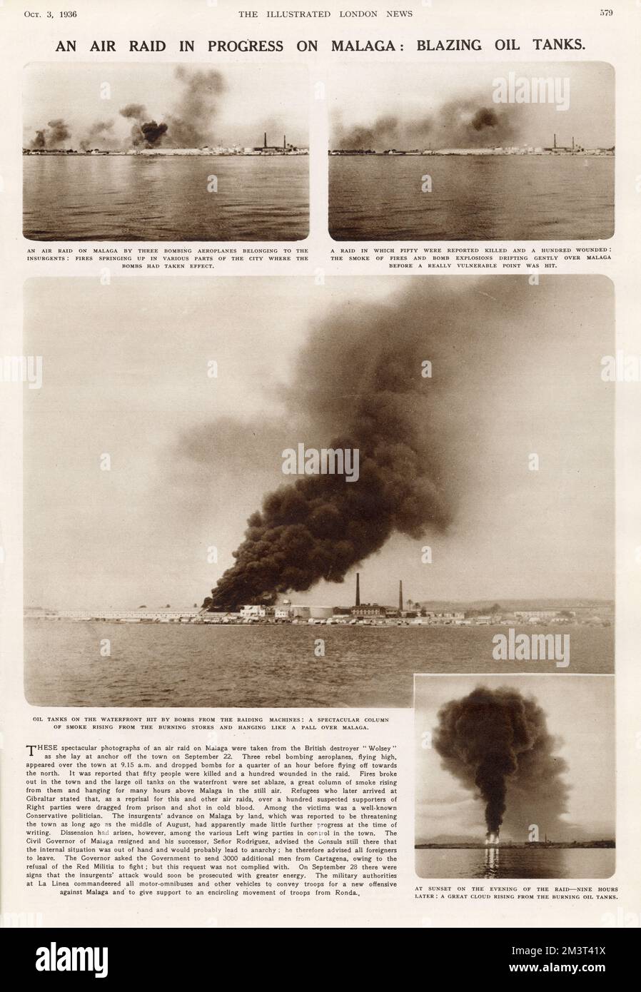 Un raid aereo in corso su Malaga: Blazing serbatoi di olio. Guerra civile spagnola. Pagina del Notiziario illustrato di Londra, 3rd ottobre 1936. Data: 1936 Foto Stock