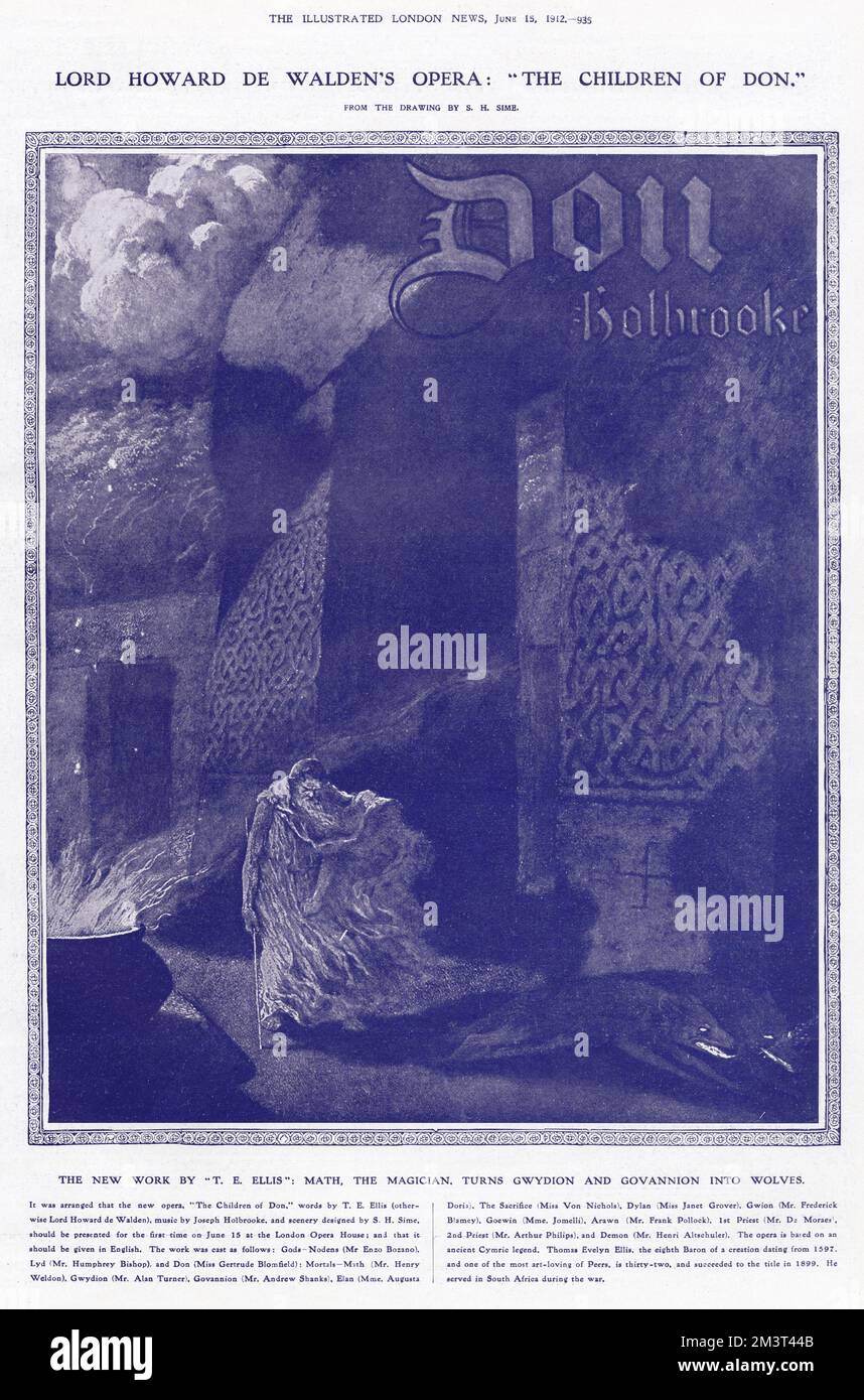 Opera di Lord Howard de Walden: I figli di Don. Parole di Thomas Evelyn Ellis (Lord Howard de Walden), musiche di Joseph Holbrooke e scenografie disegnate da S.H. Sime. L'opera si basa su un'antica leggenda gallese. La scena mostra Math, il mago, trasformando Gwydion e Govannion in lupi. Foto Stock