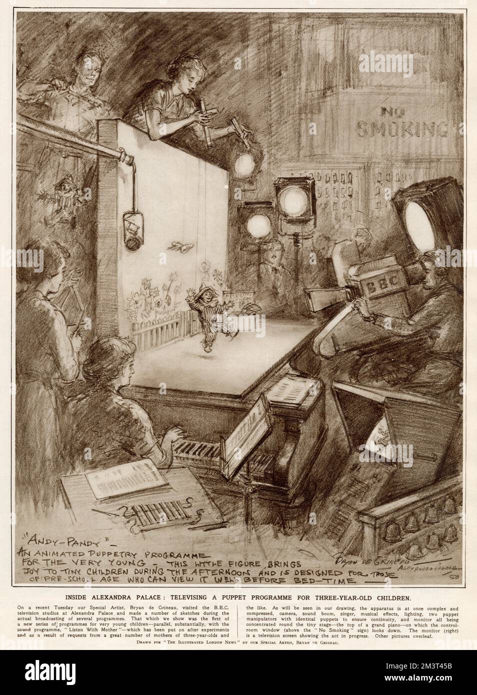 Illustrazione annotata da Bryan de Grineau nel Notiziario illustrato di Londra che mostra le riprese dello spettacolo di marionette per bambini Andy Pandy della BBC ad Alexandra Palace. Foto Stock