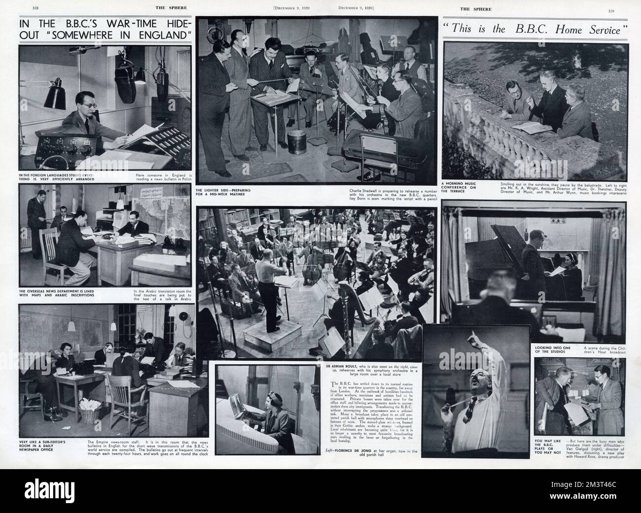 Due pagine si sono diffuse dalla sfera con fotografie che mostrano vari membri del personale della BBC che hanno portato avanti la produzione dopo essersi spostati in una località non divulgata nel paese dopo lo scoppio della guerra nel 1939. Data: 1939 Foto Stock