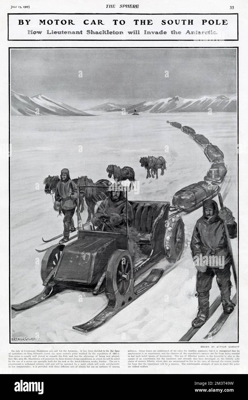In auto al Polo Sud: Come il tenente Shackleton invade l'Antartico. L'auto è stata costruita appositamente per l'attività presso la Arrol-Johnson opere, Paisley. È costruito per resistere a temperature estremamente basse ed è dotato di tre diversi gruppi di ruote, tra cui queste sled-wheels. Si riconosce che la sua occupazione è un esperimento, e le possibilità del successo della spedizione sono ben lungi dall'essere centrate in qualsiasi modo nuovo di locomozione. Foto Stock