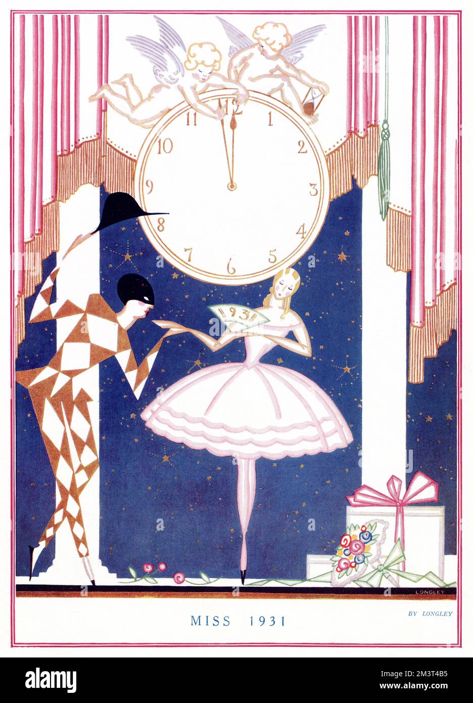 Illustrazione stilizzata e art deco con Harlequin e Columbine in piedi sotto un orologio mentre si trasforma a mezzanotte e inaugura il nuovo anno. Foto Stock
