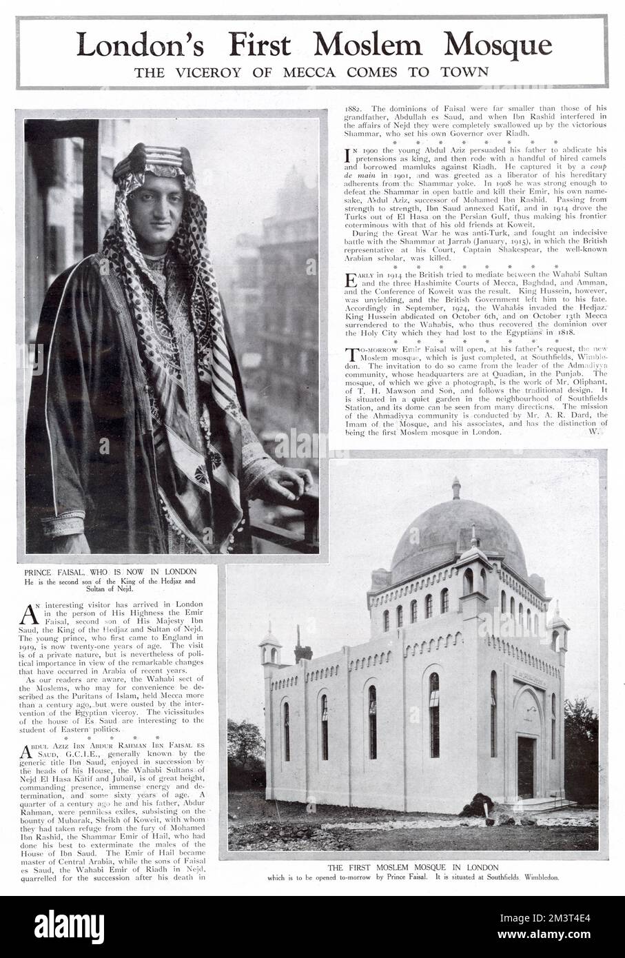 Pagina dalla relazione grafica sulla prima moschea musulmana, costruita a Londra a Southfields, Wimbledon, e aperta dal principe Faisal, secondo figlio di sua Maestà Ibn Saud, il re degli Hedjaz e Sultano di Nejd. Foto Stock