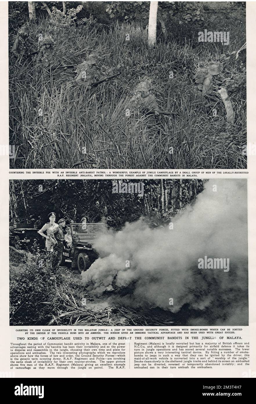 Pagina del Notiziario illustrato di Londra che descrive due tipi di mimetismo usati per sconfiggere i banditi comunisti nelle giungle della Malaya. Le fotografie principali mostrano un'invisibile pattuglia anti-bandito composta da un gruppo di uomini provenienti da un reggimento della RAF reclutato localmente (Malaya). L'immagine in basso mostra una jeep dotata di bombe fumé, che potrebbero accendersi in caso di imboscata. Data: 1951 Foto Stock
