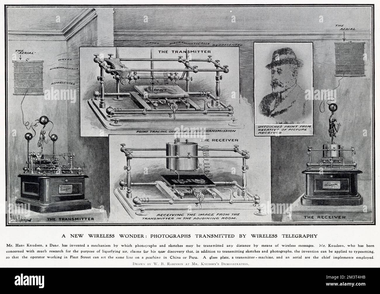 Dimostrazione di una nuova invenzione di Hans Knudsen, in cui fotografie e schizzi potrebbero essere trasmessi a qualsiasi distanza tramite messaggio wireless. Data: 1908 Foto Stock