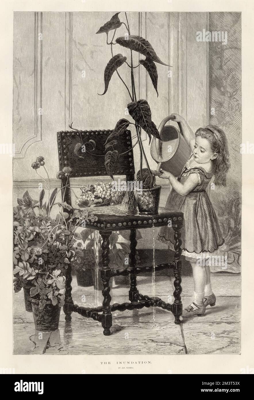 L'inondazione di Jan Verhas (1834 - 1896), artista realista belga. Una bambina annaffia una pianta a vaso con una lattina, ma riesce anche ad annaffiare la sedia e il pavimento. Foto Stock