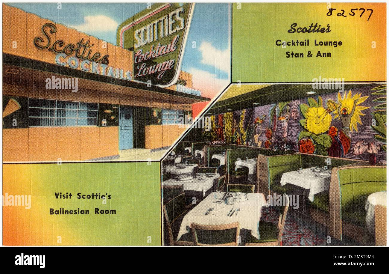 Scottie's cocktail Lounge, Stan & Ann, visita Scottie's Balinesian Room, ristoranti, Tichnor Brothers Collection, cartoline degli Stati Uniti Foto Stock