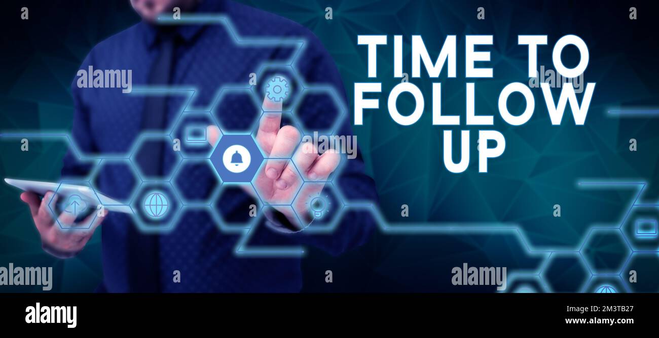 Testo che mostra il tempo di ispirazione per il follow-up. Panoramica aziendale richiesta dell'attività precedente o continuazione delle informazioni Foto Stock