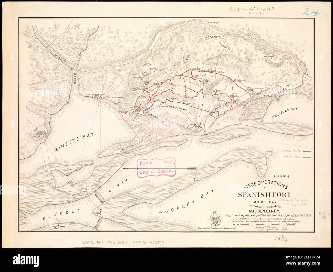 Operazioni d'assedio a Spanish Fort, Mobile Bay : dalle forze statunitensi sotto il maggiore Gen. Canby. Catturato dall'Esercito di West Miss. Nella notte del 8 e 9 aprile 1865 , Mobile Bay Ala., Storia, 19th ° secolo, Maps, Mobile Ala., Storia, Guerra civile, 1861-1865, Mappe, Stati Uniti, Storia, Guerra civile, 1861-1865, Maps, 8 aprile 1865 – 9 aprile 1865 Norman B. Leventhal Map Center Collection Foto Stock