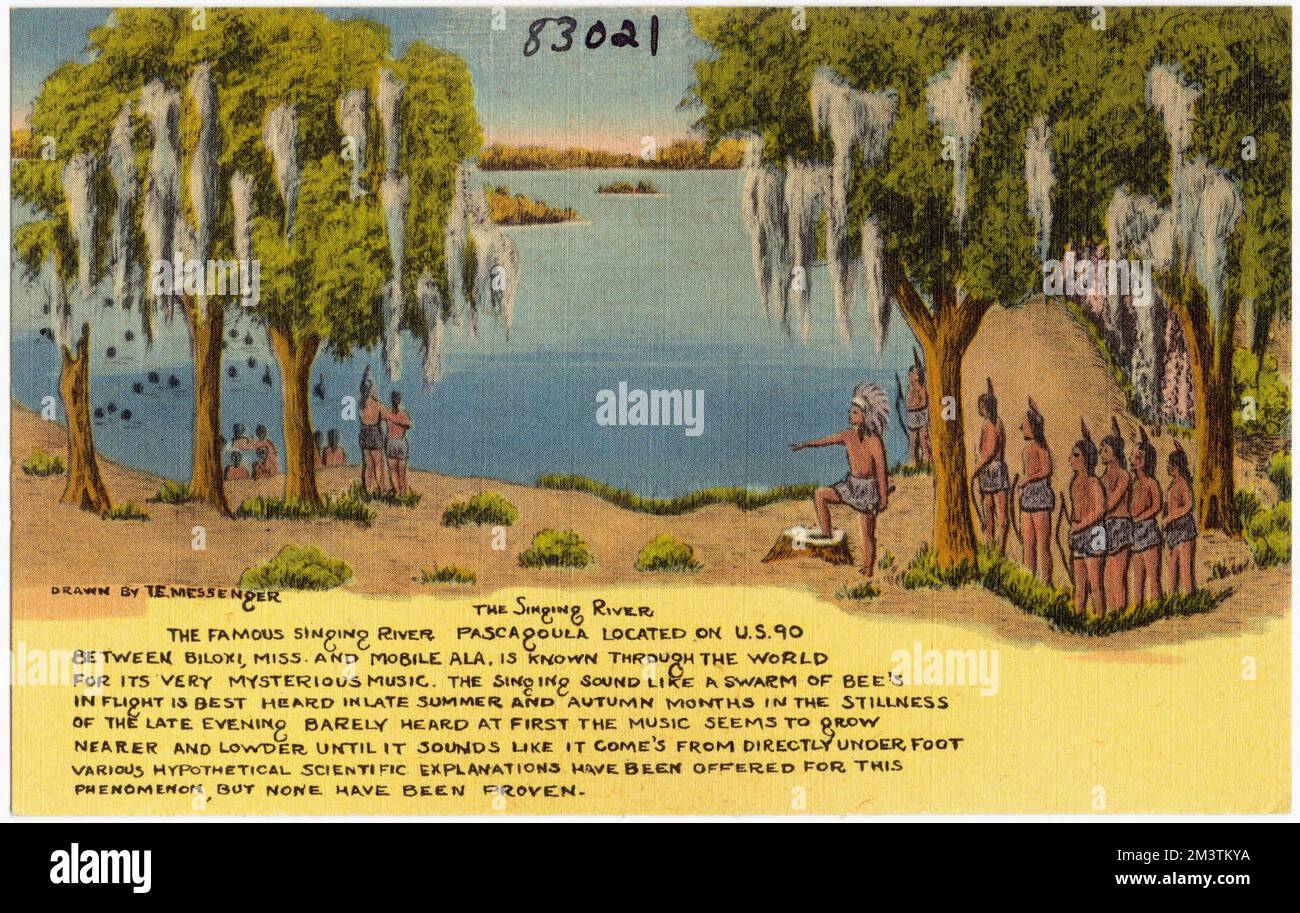 Il fiume Singing, il famoso fiume Singing, Pascagoula situato sulla U. S.S. 90 tra Biloxi, Miss. E Mobile, Ala. È conosciuto attraverso il mondo per la sua musica molto misteriosa. , Rivers, Tichnor Brothers Collection, cartoline degli Stati Uniti Foto Stock