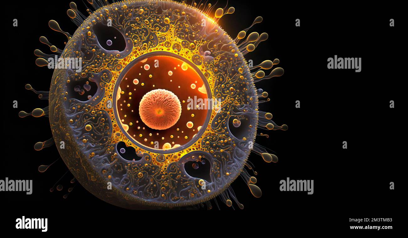 Sezione trasversale di una cellula infetta con particelle virali che germogliano via Foto Stock