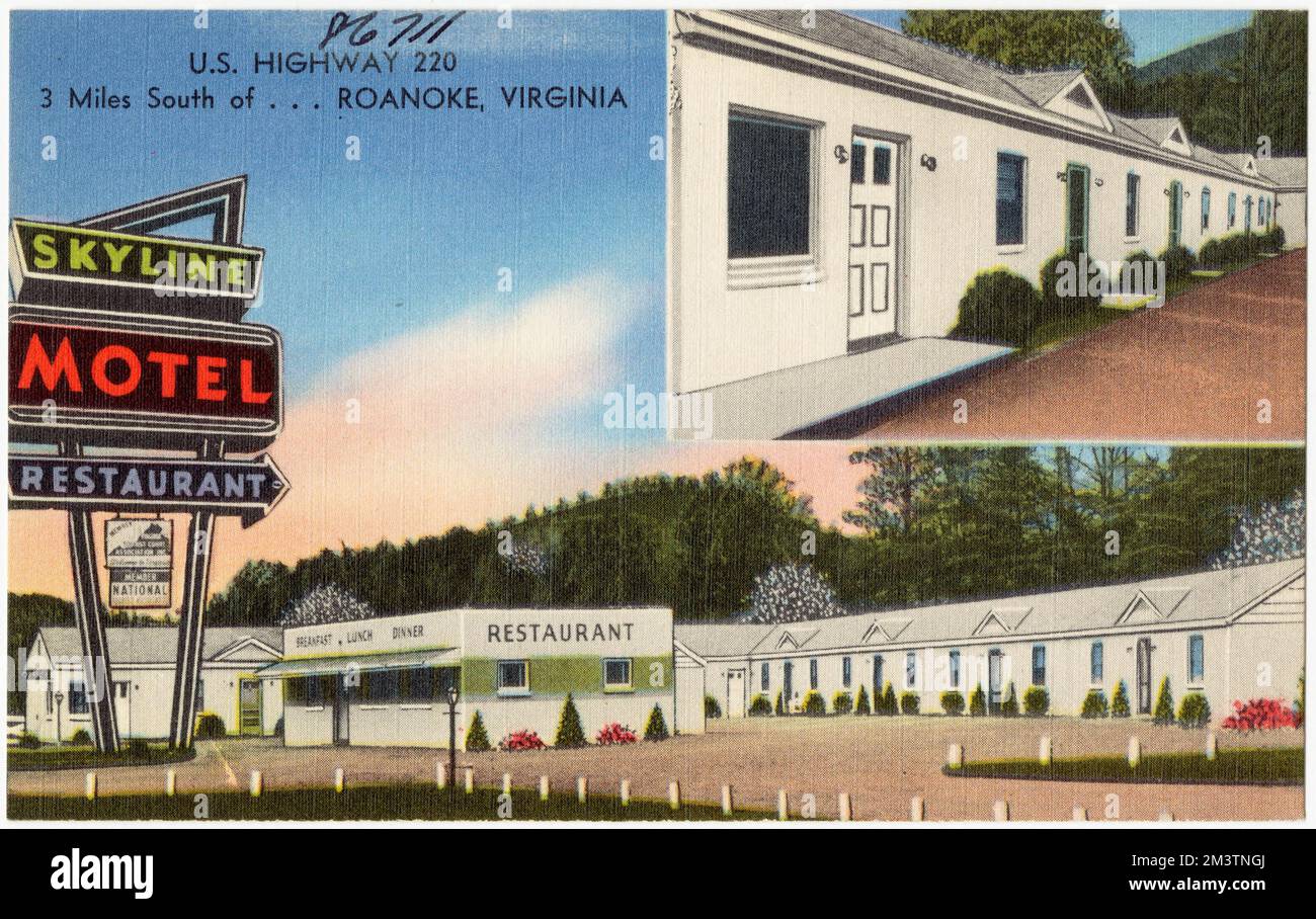 Skyline Motel e Ristorante, Stati Uniti Autostrada 220, 3 km a sud... Roanoke, Virginia , Motel, ristoranti, Tichnor Brothers Collection, Cartoline degli Stati Uniti Foto Stock