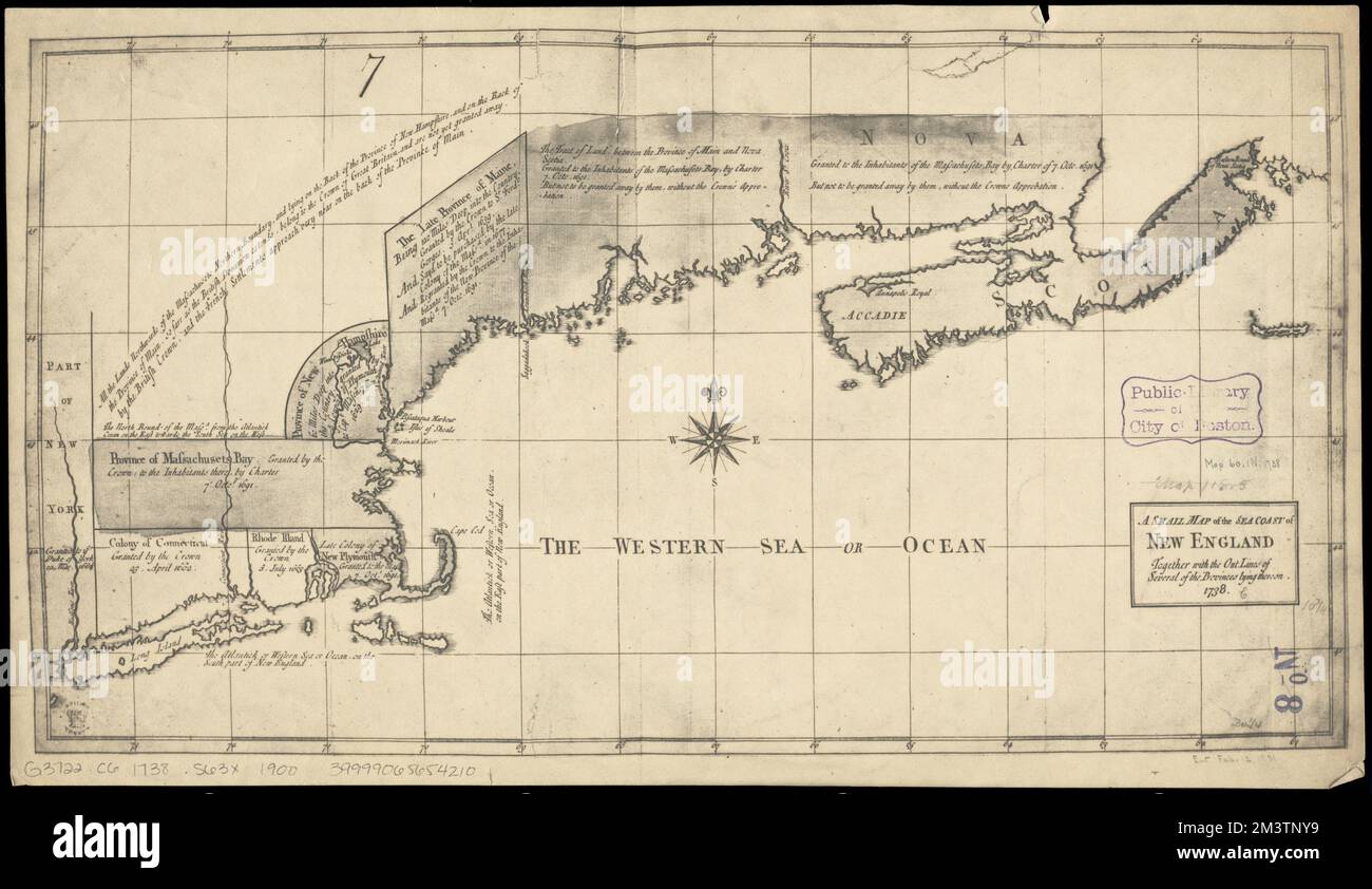 Una piccola mappa della costa marina del New England con i contorni di diverse province su di essa, 1738 , Coasts, New England, Mappe, Litorali, Nuova Scozia, Mappe, New England, Mappe, Nova Scotia, Mappe Norman B. Leventhal Map Center Collection Foto Stock
