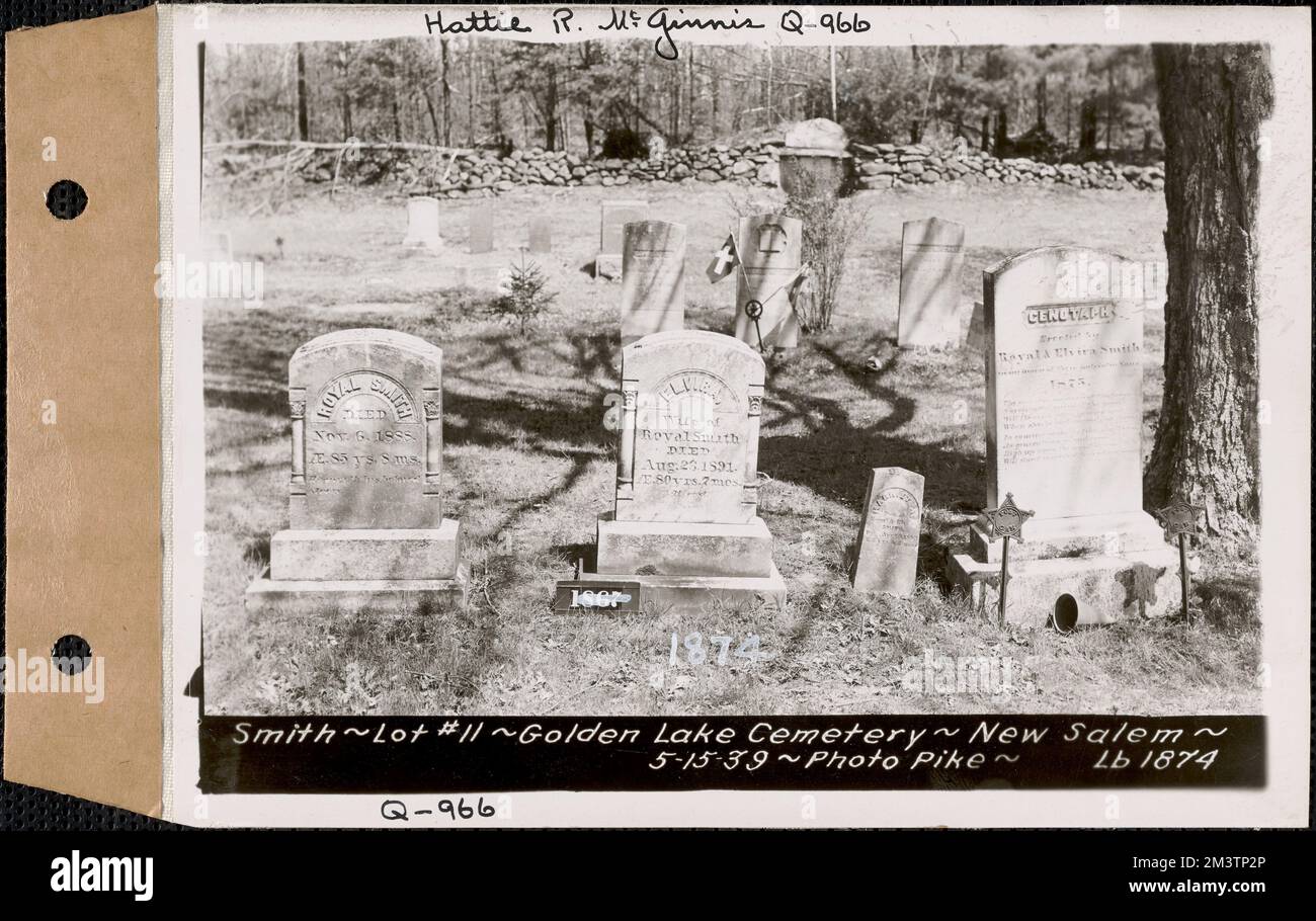 Smith, Golden Lake Cemetery, lotto 11, New Salem, Mass., 15 maggio 1939 : Hattie R. McGinnis, Q-966 , opere d'acqua, serbatoi strutture di distribuzione dell'acqua, immobiliare, cimiteri Foto Stock