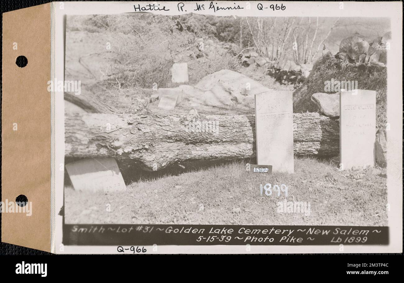 Smith, Golden Lake Cemetery, lotto 31, New Salem, Mass., 15 maggio 1939 : Hattie R. McGinnis, Q-966 , opere d'acqua, serbatoi strutture di distribuzione dell'acqua, immobiliare, cimiteri Foto Stock