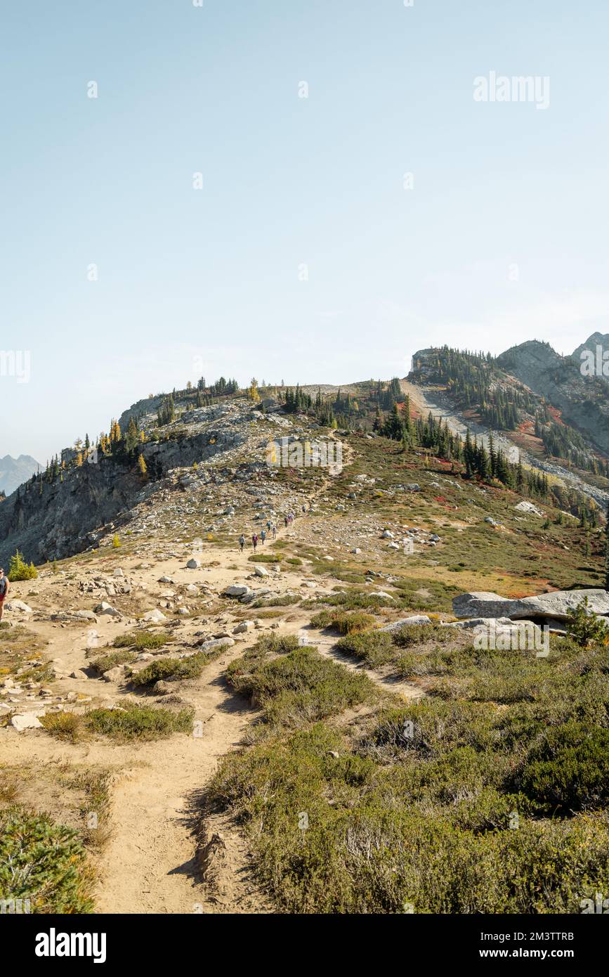 Un gruppo anziano di donne anziane si riunisce per fare un'escursione in montagna. Trekking insieme divertirsi, godendosi l'una l'altra azienda come continuano il loro benessere, v Foto Stock