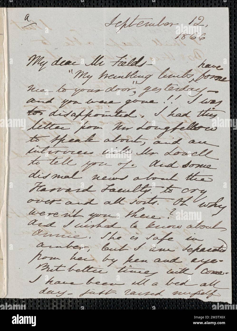 Lettera autografa di Sophia Hawthorne firmata a James Thomas Fields, [Concord], 12 settembre 1866 , coniugi degli Autori, Autori delle Donne, Americani, Autori, Americano, 19th ° secolo, corrispondenza, Longfellow, Henry Wadsworth, 1807-1882, Lowell, James Russell, 1819-1891, Rowse, Samuel Worcester, 1822-1901, Hawthorne, Nathaniel, 1804-1864 Foto Stock