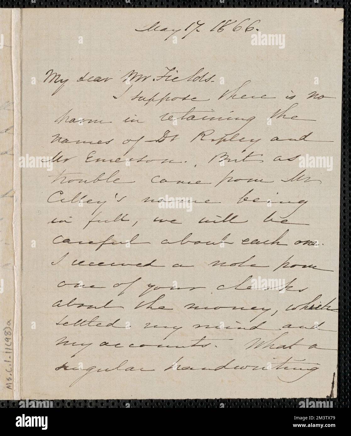 Lettera autografa di Sophia Hawthorne firmata a James Thomas Fields, [Concord], 17 maggio 1866 , coniugi degli Autori, Autori delle Donne, Americani, Autori, Americano, 19th ° secolo, corrispondenza, Hillard, George Stillman, 1808-1879, Emerson, Ralph Waldo, 1803-1882, Ripley, George, 1802-1880 Foto Stock