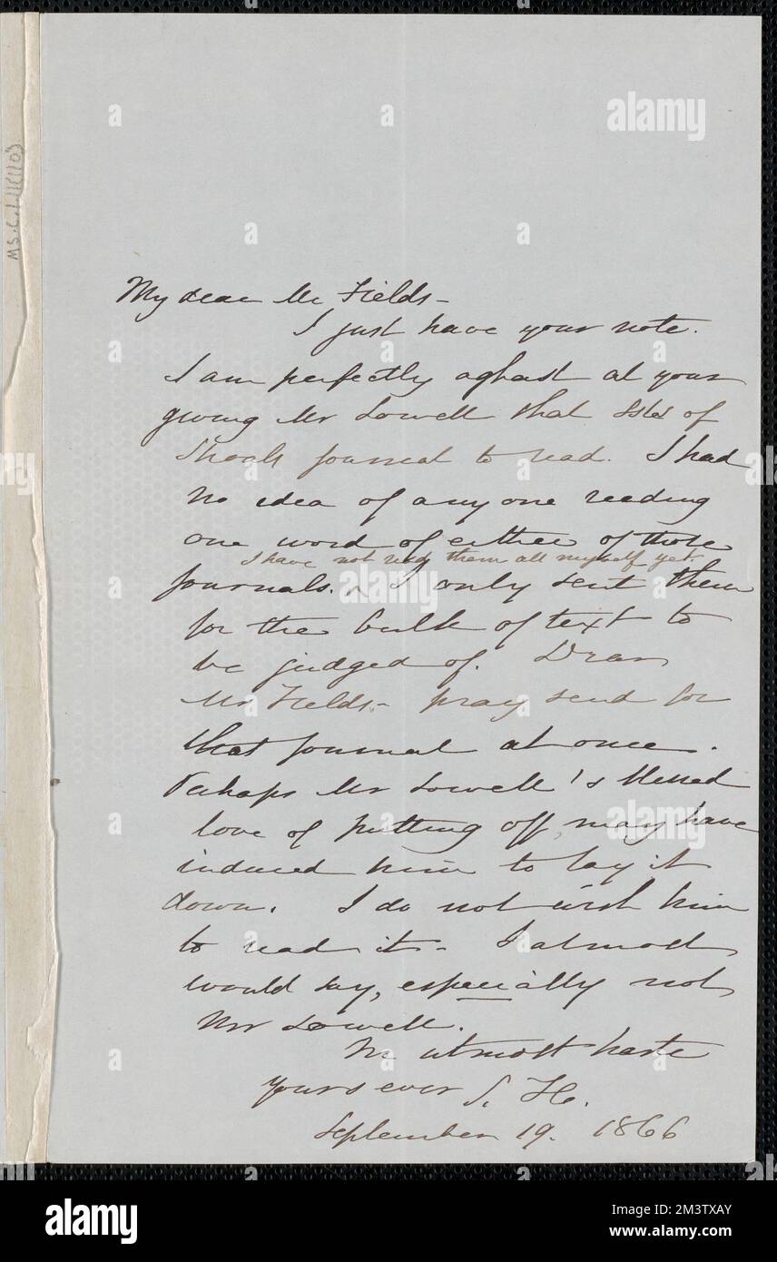 Nota autografica di Sophia Hawthorne firmata a James Thomas Fields. [Concord], 19 settembre 1866 , Autori' coniugi, Autori di Donne, Americani, Autori, Americano, 19th ° secolo, corrispondenza, Lowell, James Russell, 1819-1891, Hawthorne, Nathaniel, 1804-1864. Passaggi dai libri di note americani di Nathaniel Hawthorne Foto Stock