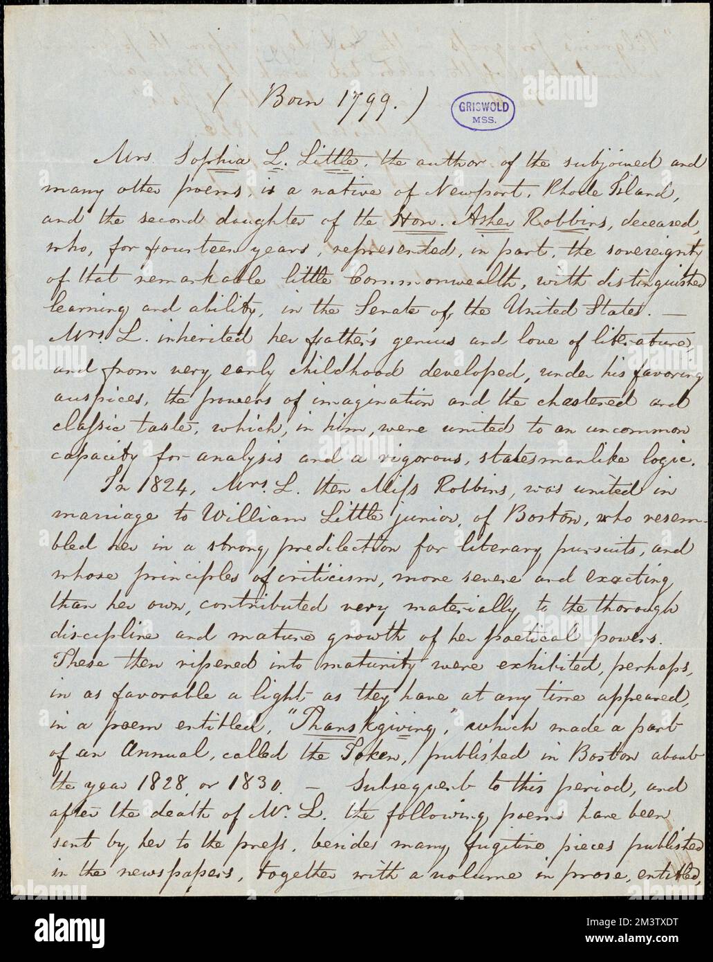 Sophia Louisa (Robbins) piccolo manoscritto, letteratura americana, 19th ° secolo, Storia e critica, Autori, Americano, 19th ° secolo, corrispondenza, Autori ed editori, Poeti, Americano, 19th ° secolo, corrispondenza, poco, Sophia L. Sophia Louisa, 1799-1893. Cartine Rufus W. Griswold Foto Stock