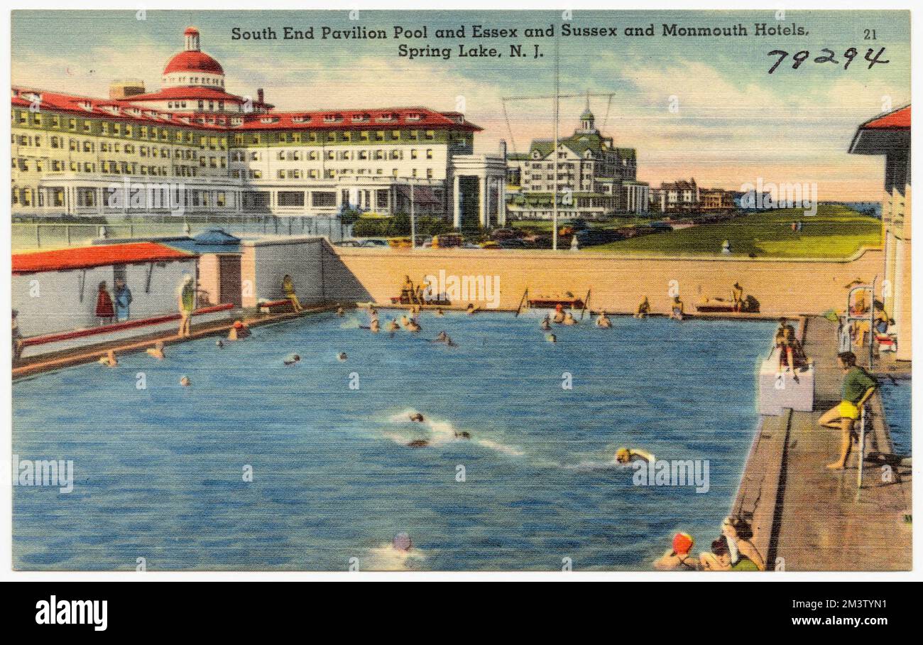 Piscina con padiglione South End e hotel Essex e Sussex e Monmouth, Spring Lake, N. J., strutture sportive e ricreative, hotel, Tichnor Brothers Collection, cartoline degli Stati Uniti Foto Stock