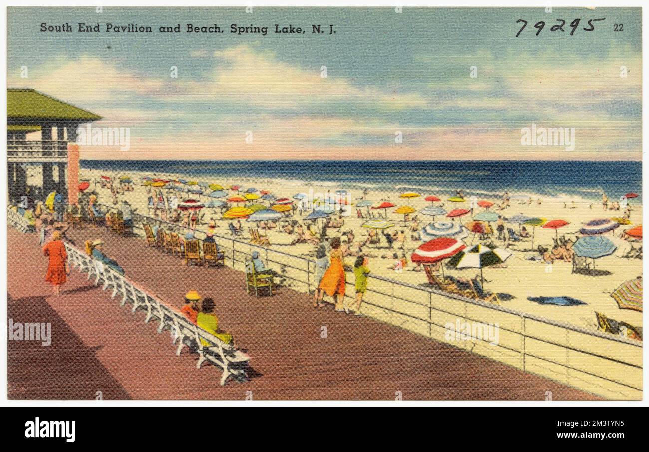 Padiglione e spiaggia di South End, Spring Lake, N. J., spiagge, passerelle, Tichnor Brothers Collection, cartoline degli Stati Uniti Foto Stock