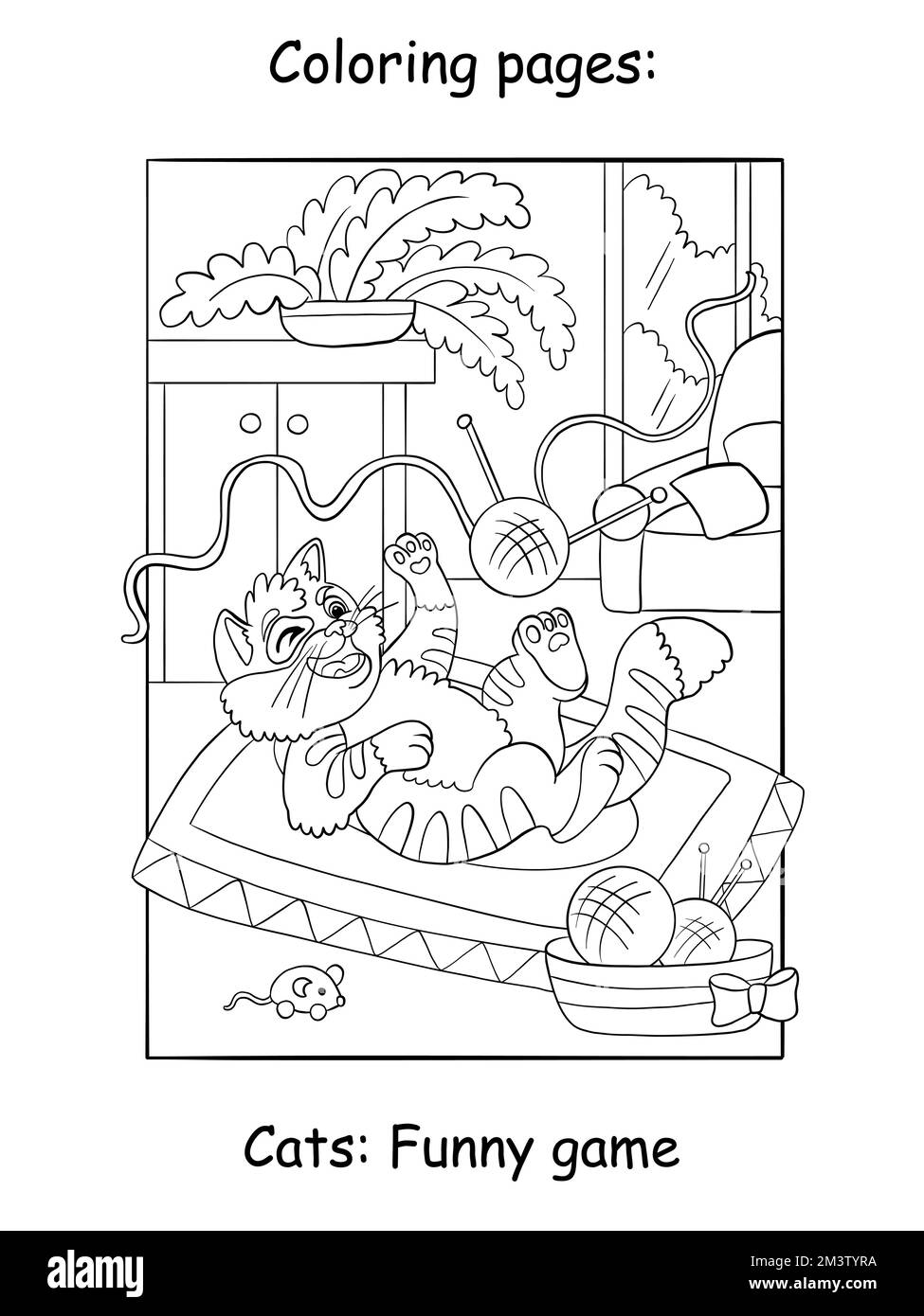 Carino gatto sognante giocare con una palla di filo. Pagina del libro da colorare per i bambini. Illustrazione di cartoni animati vettoriali isolati su sfondo bianco. Per colori Illustrazione Vettoriale